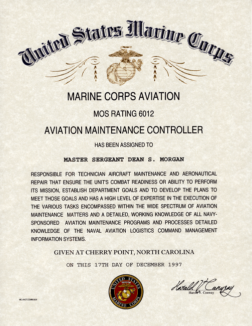USMC Marine Aviation MOS 6012 Certificates
